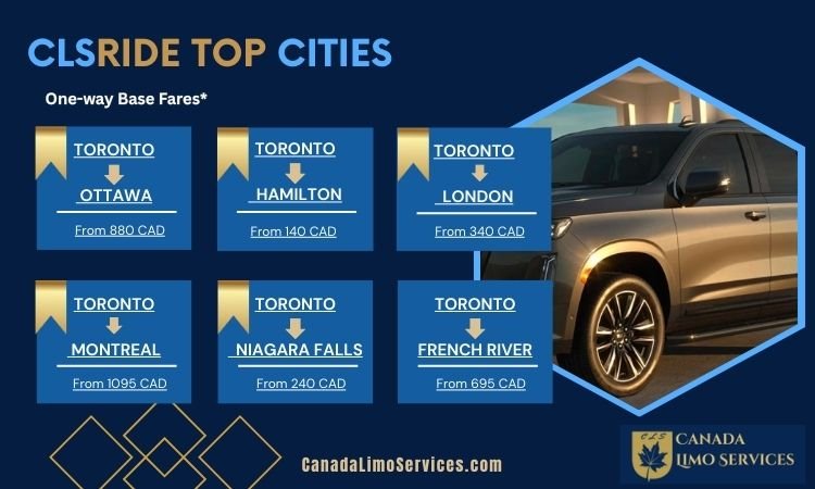  Ontario Canada Cities Special Rates and Prices: Limo Rate for Ottawa, Limo Rate for Hamilton,Limo Rate for Hamilton for London, Limo Rate for Montreal, Limo Rate for Niagara Falls, and Limo Rate for French River 